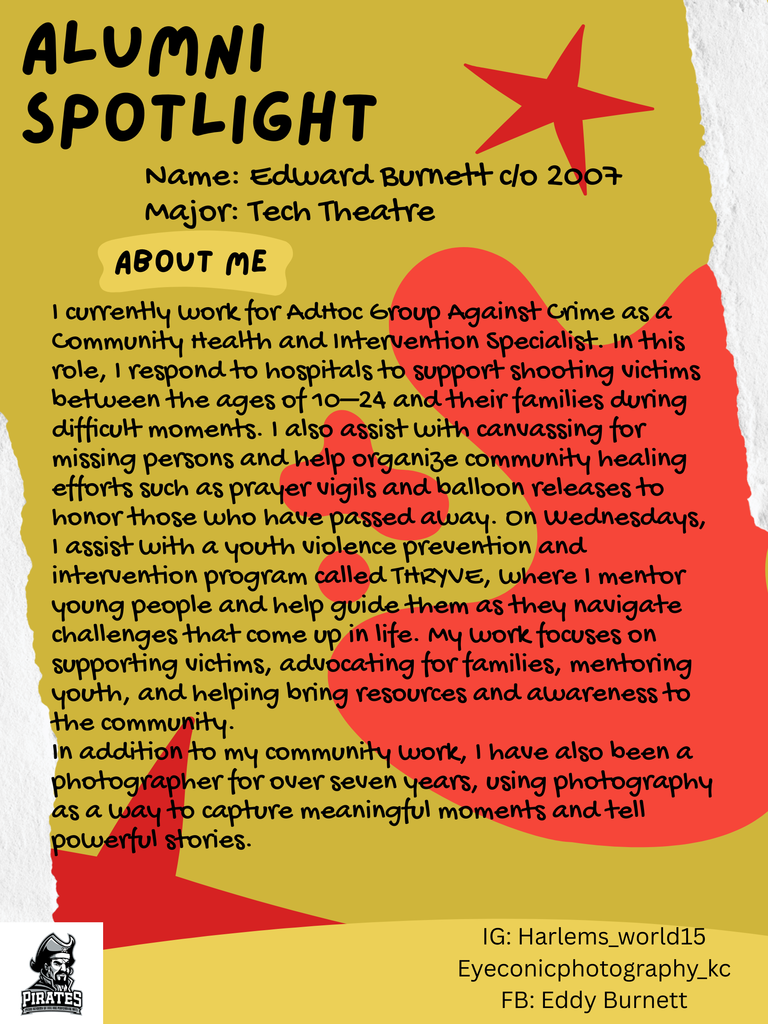 Alumni spotlight poster featuring Edward Burnett, Tech Theatre major, class of 2007. Describes community work with youth and photography. Text-heavy design.