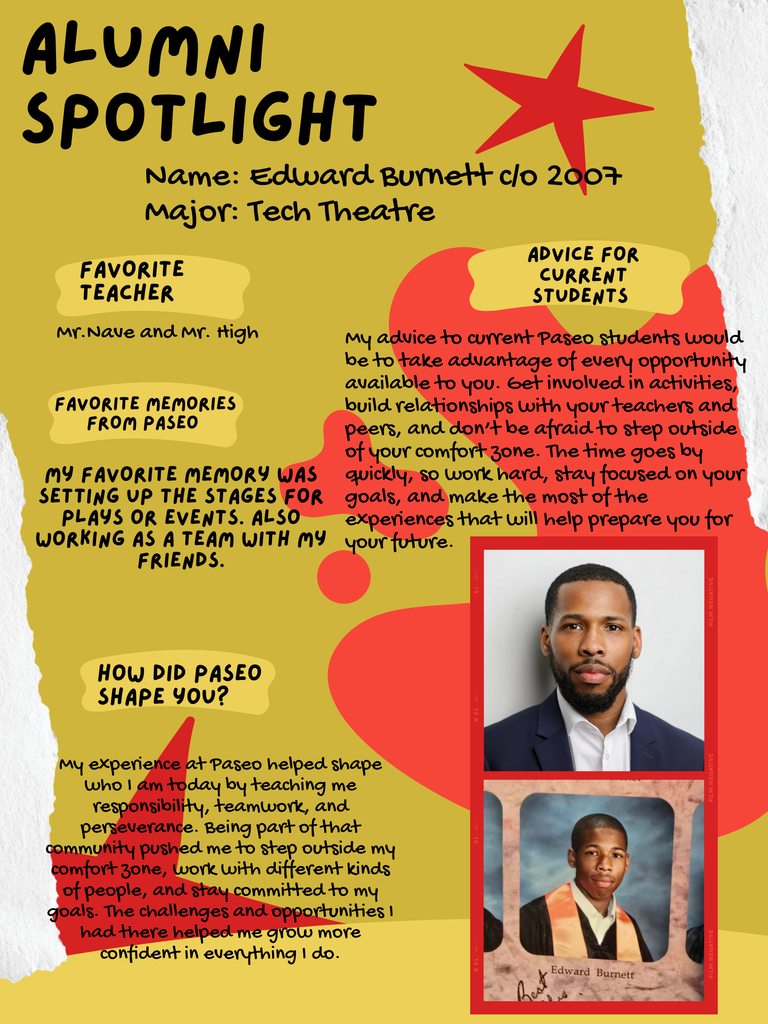 Alumni Spotlight poster featuring Edward Burnett, class of 2007, with a major in Tech Theatre. Includes advice for students, a photo, and colorful graphics.