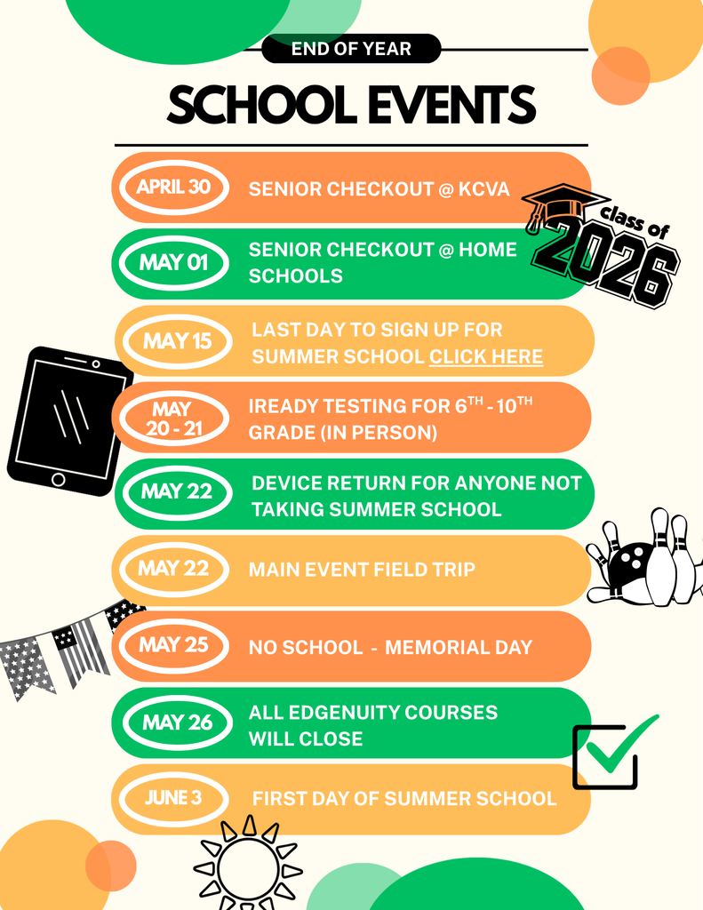 cream background with orange, light orange, and green ovals with important end of year dates.