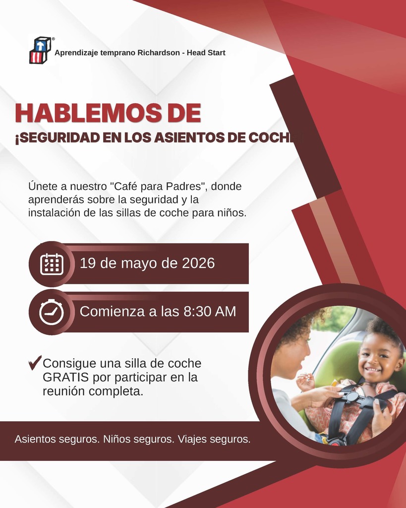 Flyer announcing the Parent Cafe around Car Seat Safety and Installation on May 19th at 8:30am. in Spanish