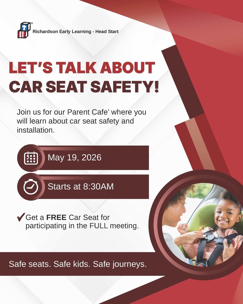 Flyer announcing the Parent Cafe around Car Seat Safety and Installation on May 19th at 8:30am.