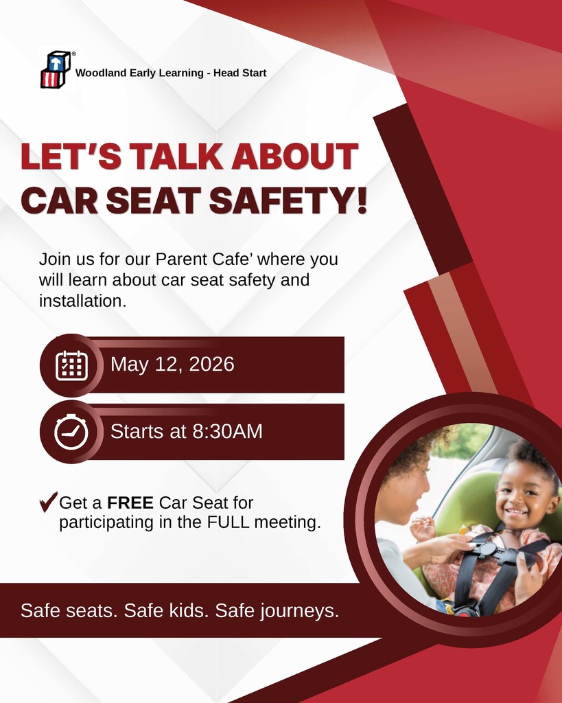 Flyer announcing the Parent Cafe around Car Seat Safety and Installation on May 12th at 8:30am.
