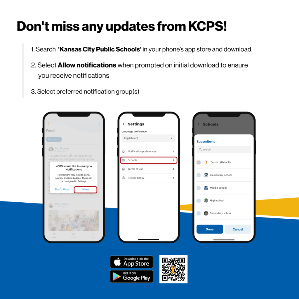 An infographic explaining how to download the KCPS app from the Apple App Store or Google Play Store