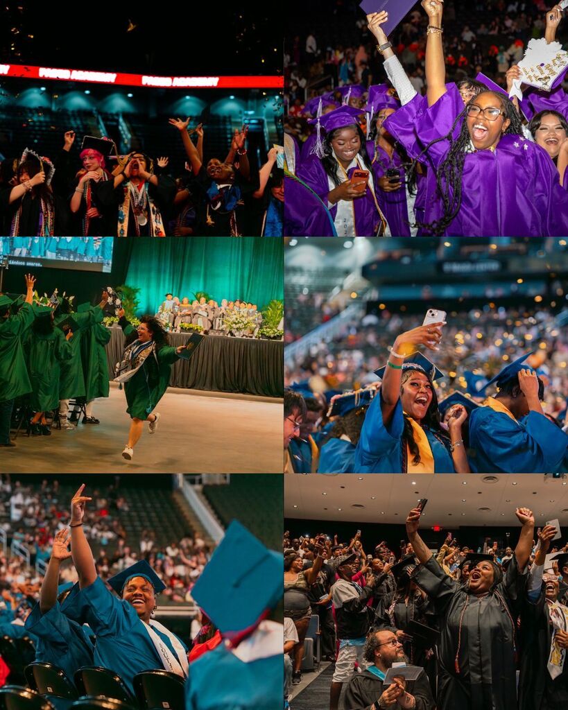 A collage of six different photos, one from each KCPS graduation ceremony. Each photo features a group of male and female graduates in their caps and gowns smiling and raising their arms in celebration.