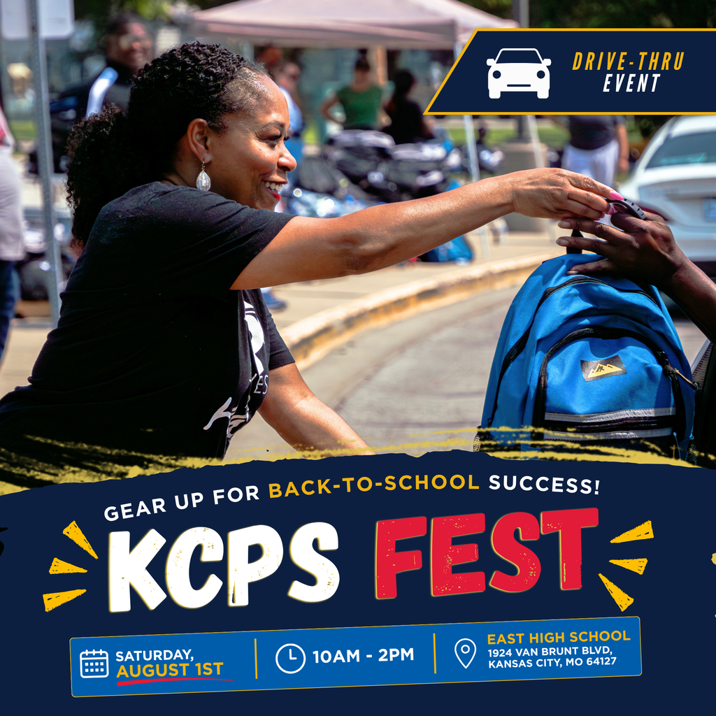 A woman hands a backpack to a person off screen with a text overlay reading "KCPS Fest" giving information for an upcoming backpack giveaway