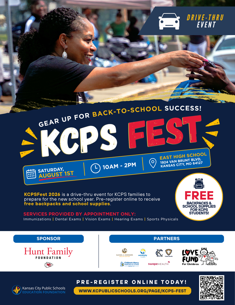 Flyer for KCPS FEST on Aug 1st from 10 am-2pm at East High School. Free backpacks & school supplies for KCPS students!