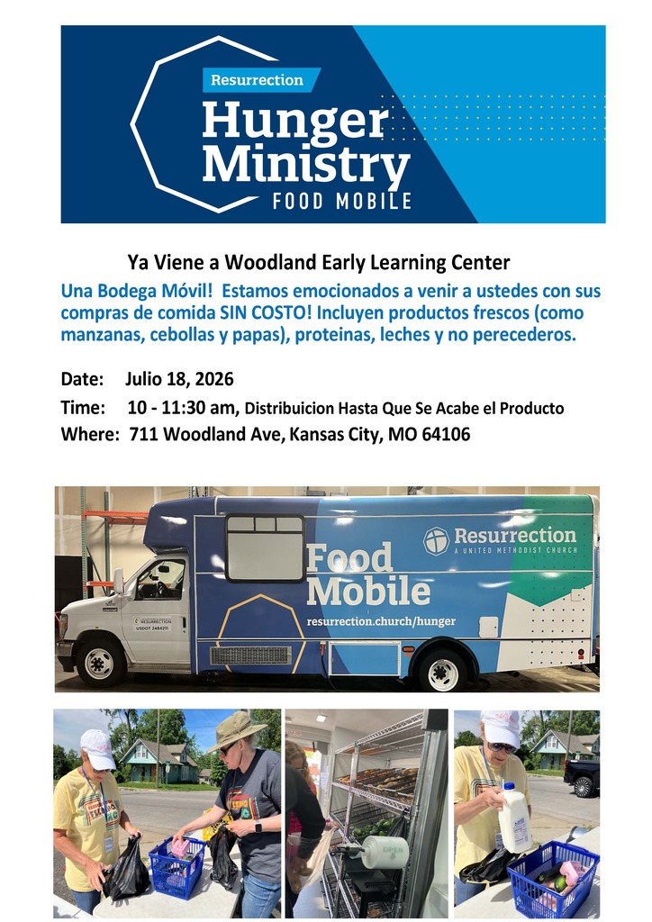 Flyer translated to Spanish advertising a Food Mobile event at the Woodland Early Learning Center on July 18th from 10:00 to 11:30am.