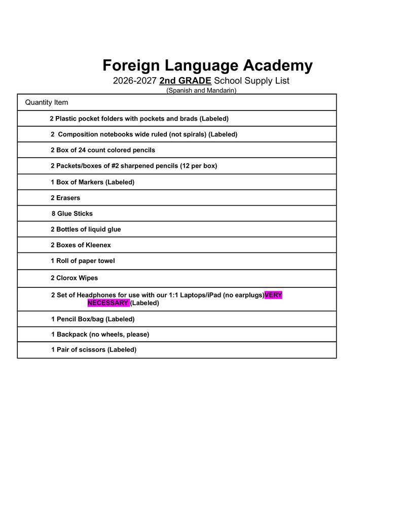2nd grade supply list