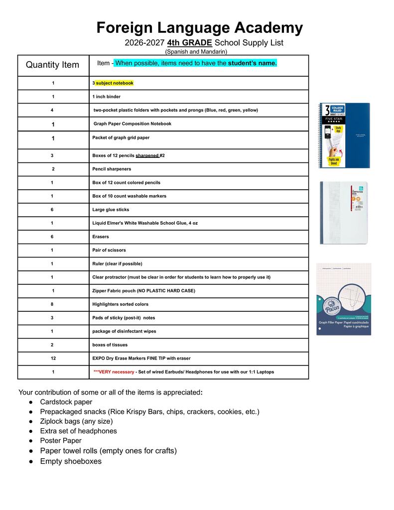 4th grade supply list