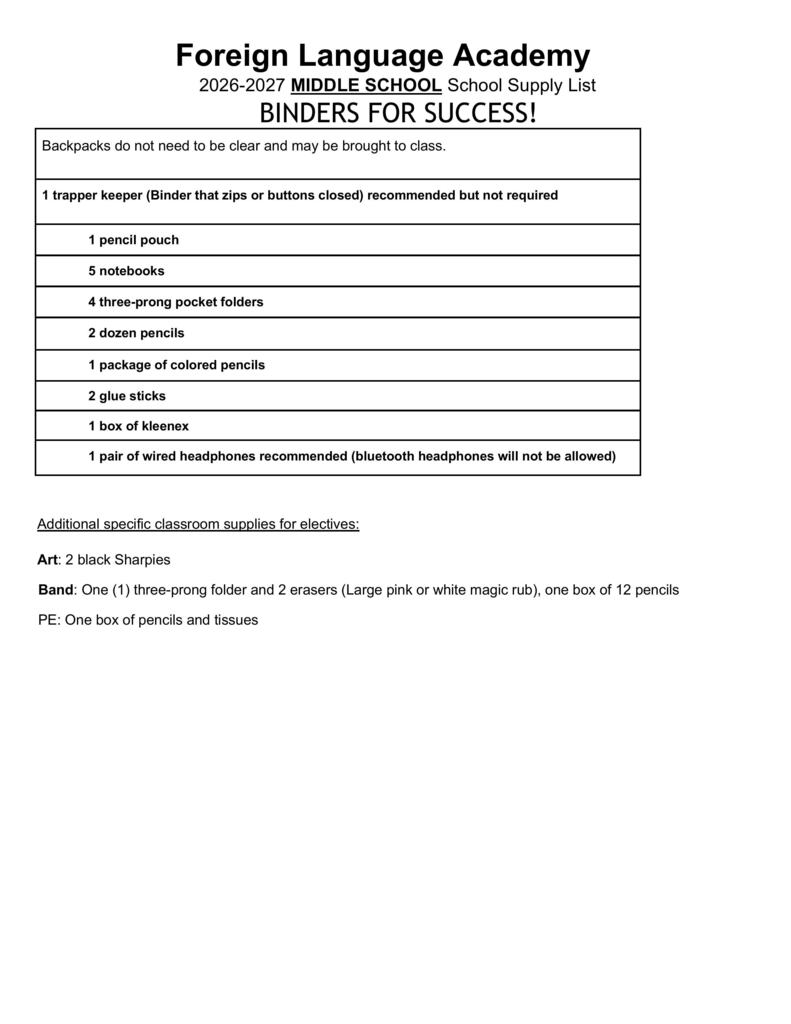 Middle School supply list