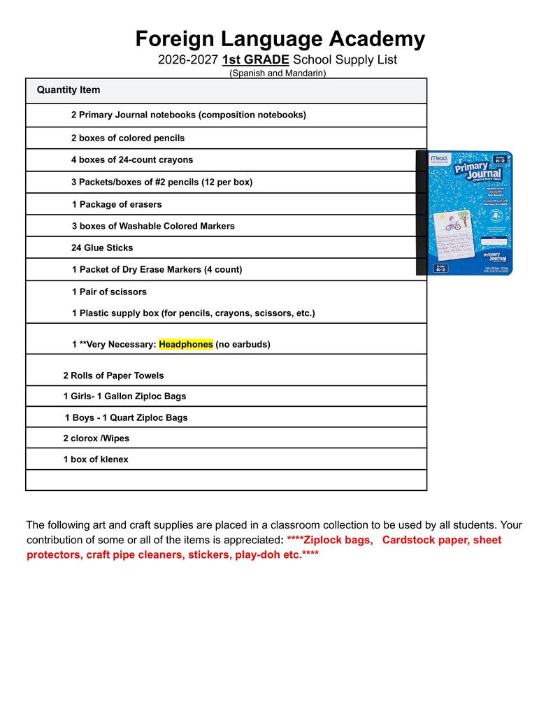 1st grade supply list