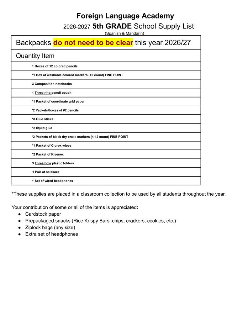5th grade supply list