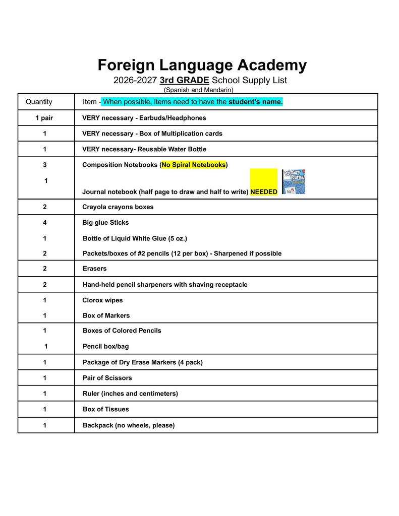 3rd grade supply list