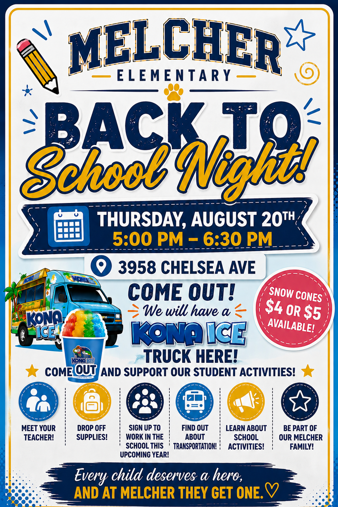 🎒 It's Back-to-School Time, Melcher Families! 🎒  Join us for Back to School Night at Melcher Elementary and kick off an amazing year together!  ✨ Meet your teacher  📚 Drop off school supplies  🚌 Get transportation information  🙋 Sign up to volunteer  🎯 Learn about clubs, activities, and events  💙 Connect with other families and become part of the Melcher community  We can't wait to welcome you back and help you start the school year off strong. Come see why Melcher is more than a school... we're family!