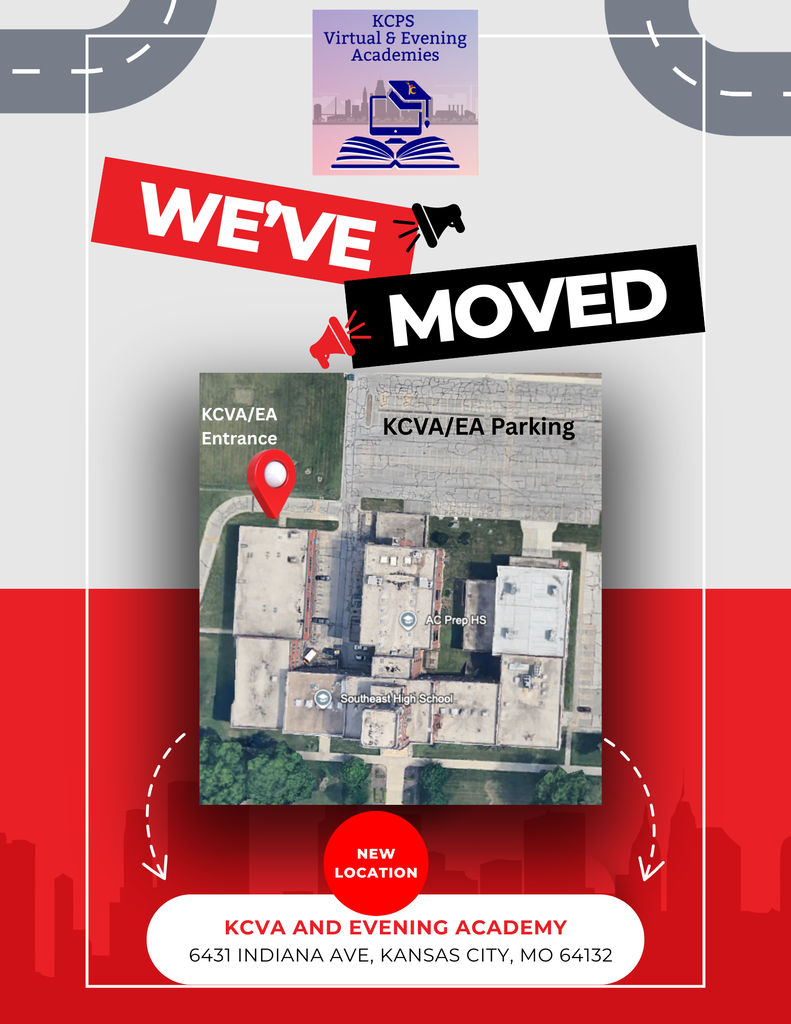 Red and white background, picture of map location with new address of KCVA & EA