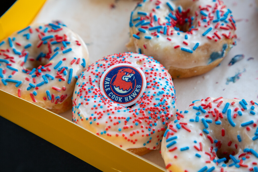 donuts with white frosting and blue and red sprinkles line a box, and one donut in the center features an edible piece of fondant with the hale cook hawks logo printed on it