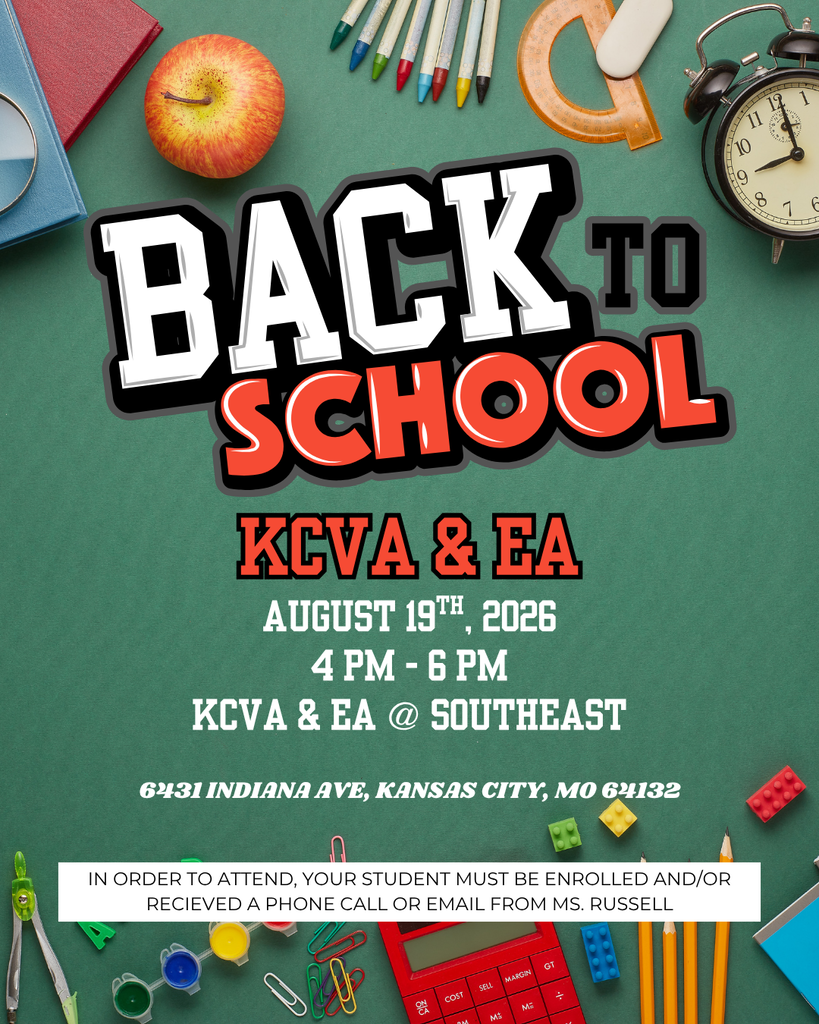 Green background with school supplies that advertises back to school for kCVA & EA