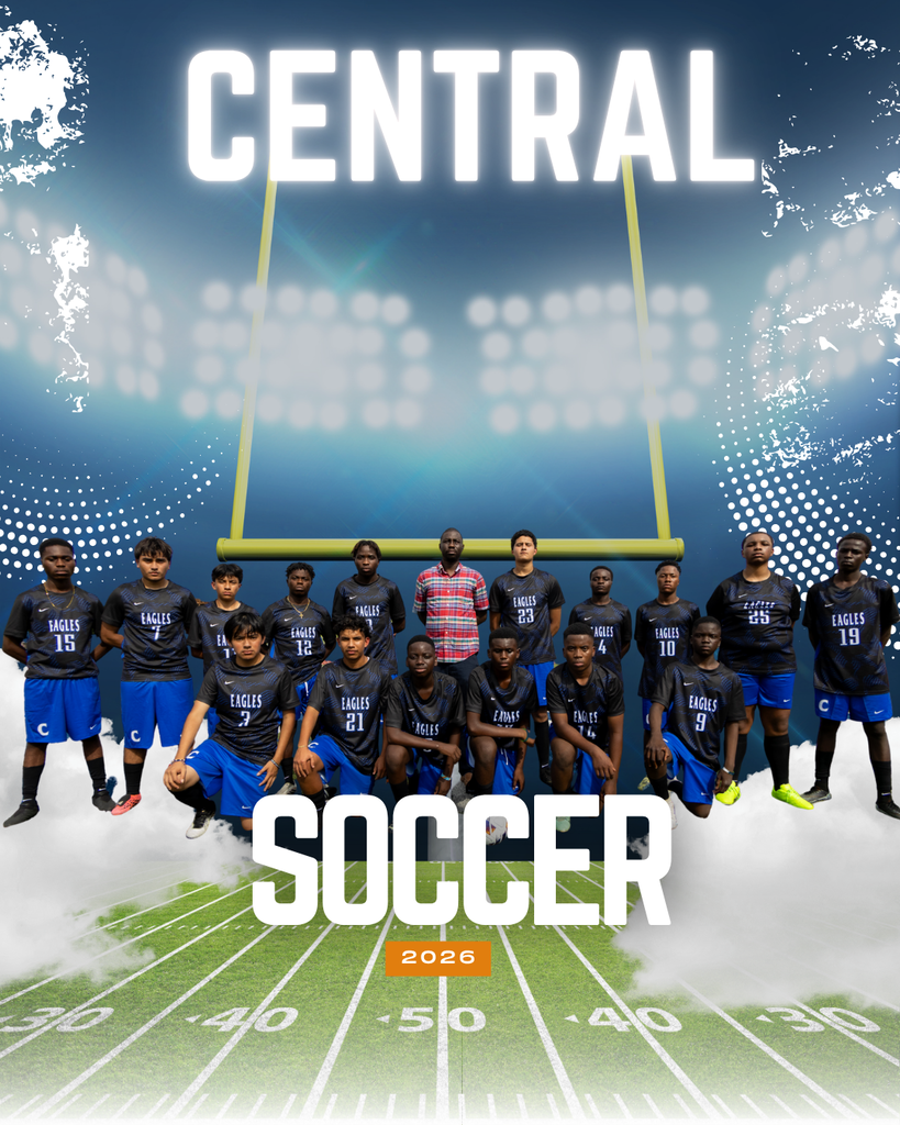 Blue background with football field showing a picture of a soccer team