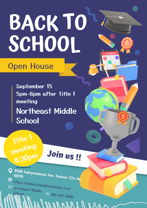 Open House 5-6, Annual Fall title 1 Meeting 4:30-5 on Sept 15 in NEMS cafeteria