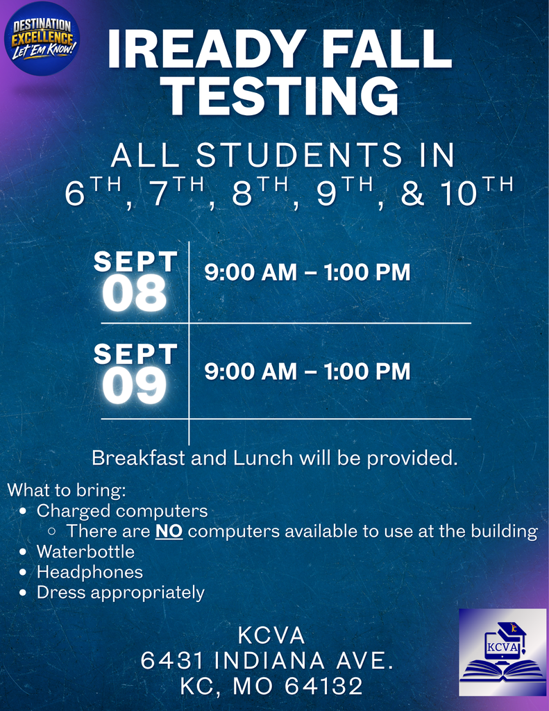 Blue and purple background with white text about i-Ready testing starting on September 4.