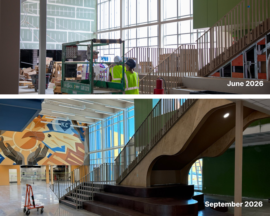 june 2026 versus september 2026 interior photos of the king empowerment stairwell and mural
