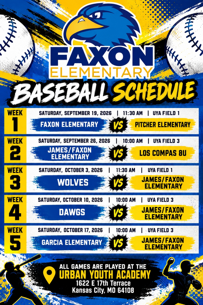 If you haven't had a chance to attend one of the Faxon Elementary Baseball games, there are still two games remaining! Come out and cheer on our amazing Falcons as they finish the season strong.  📍 Game Location:  Urban Youth Academy  1622 E. 17th Terrace  Kansas City, MO 64108  We would love to see our Faxon families and staff in the stands supporting our student-athletes! 💙💛⚾ #FalconPride #DestinationExcellence
