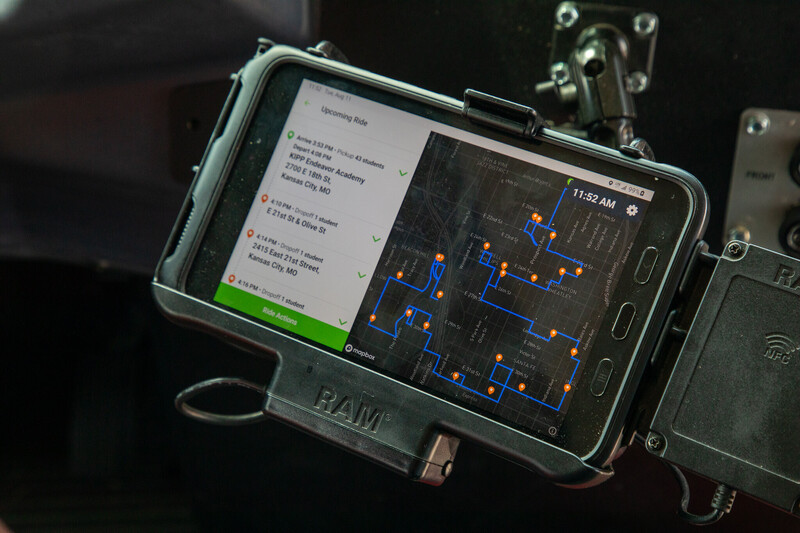 A tablet with a bus driver's route pulled up and ready to navigate