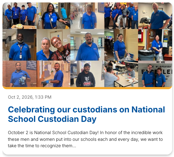 a collage of men and women wearing blue shirts with the text "celebrating our custodians on national school custodian day" written underneath