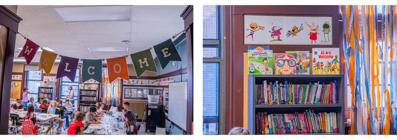 two images show a welcome banner hanging over the entrance of a classroom on one side and a bookshelf full of multicolored books on the other side