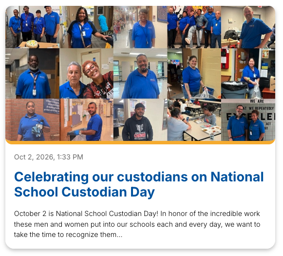 a collage of men and women wearing blue shirts with the text "celebrating our custodians on national school custodian day" written underneath