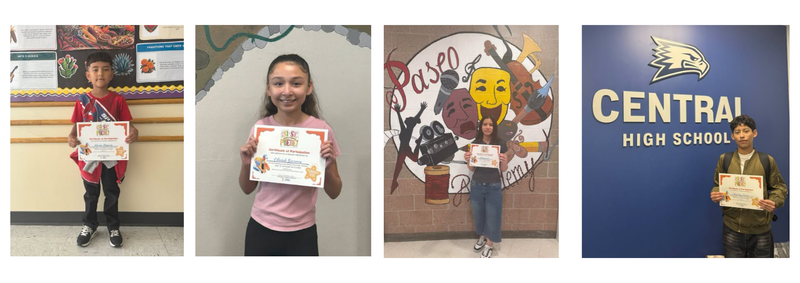 four separate photos of students standing holding certificates of achievement