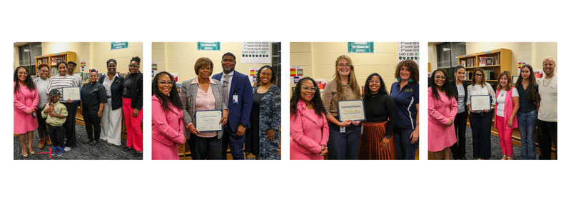 four separate photos of superintendent award recipients standing with superintendent dr. collier, dressed in an all-pink outfit- along with various cabinet members and the recipients' families