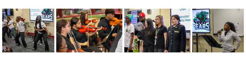 four separate photos show students dancing, playing instruments, singing as a group, and singing a solo