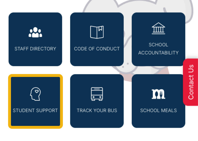 Six boxes of resources, with the box reading "student support" outlined in yellow