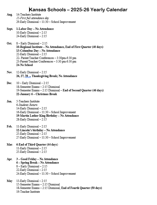 2025-2026 School Calendar