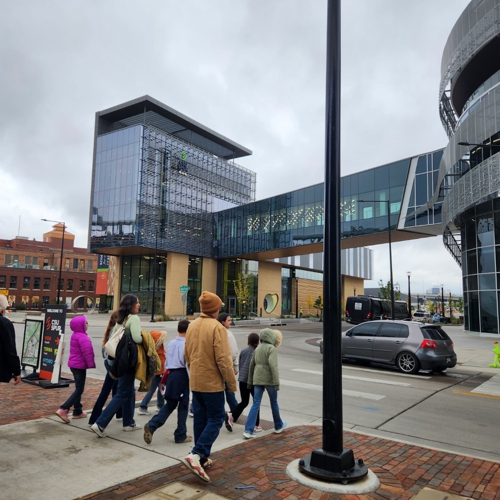 students traverse a crosswalk