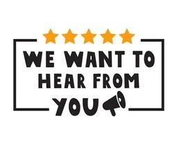 "we want to hear from you" with stars above the text