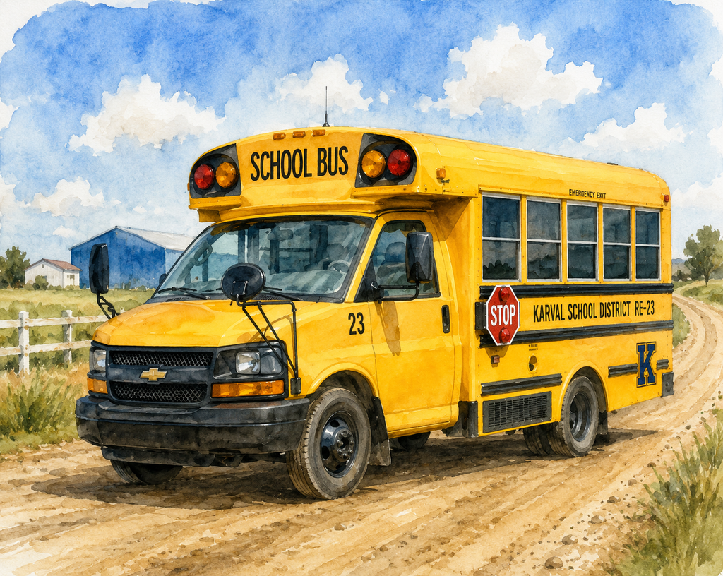 Karval school bus on a dirt road