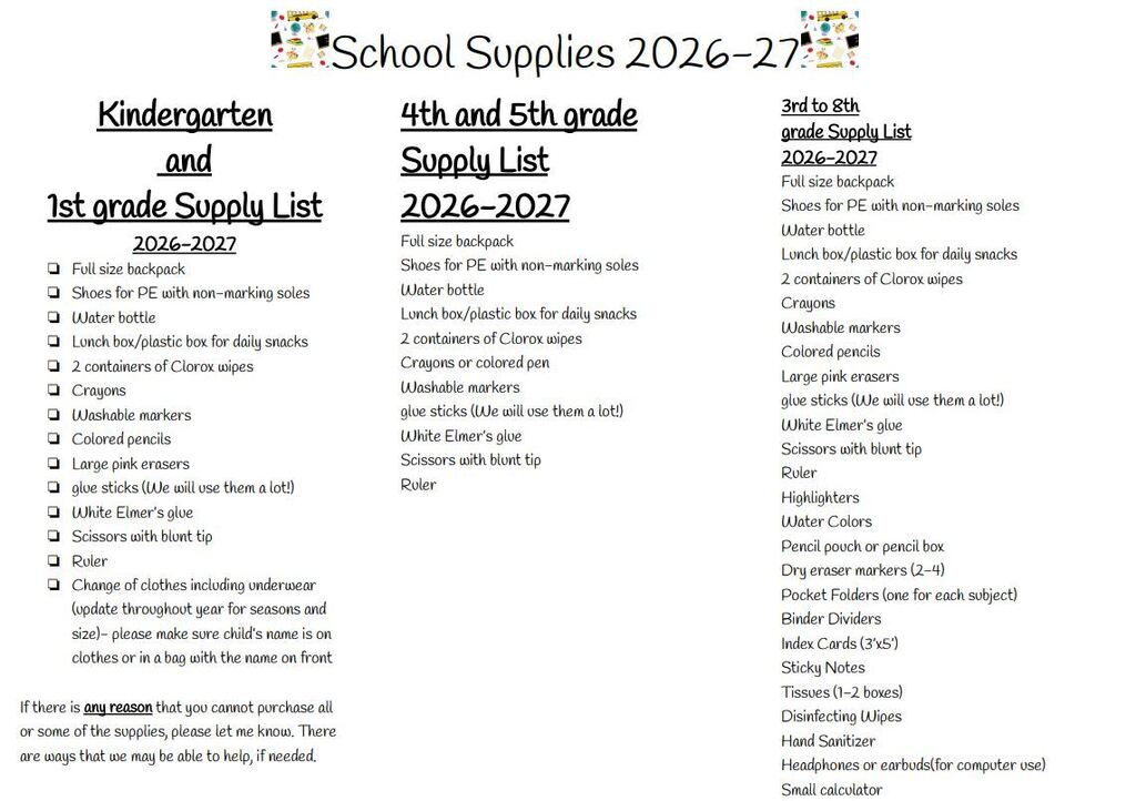 School Supply List 2026-27