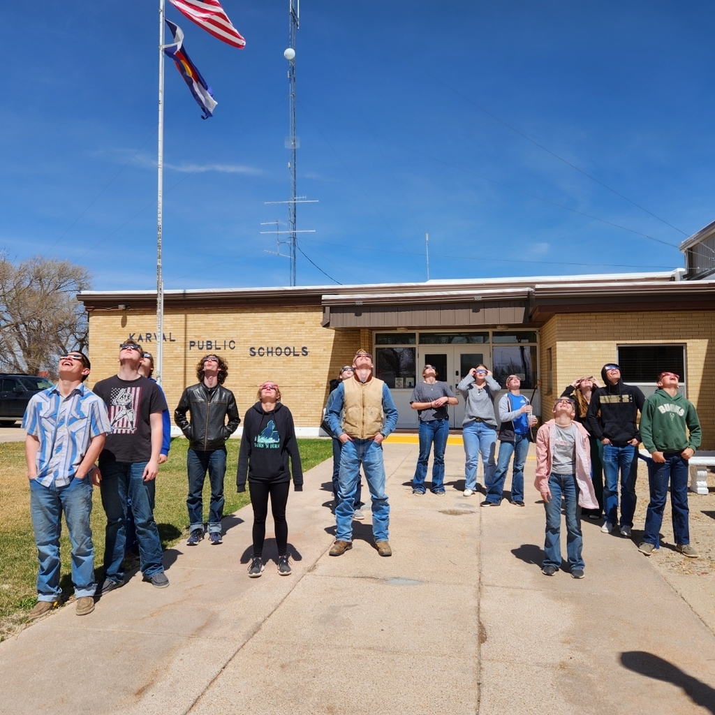 students assembled on the school's front lawn gaze at the sky