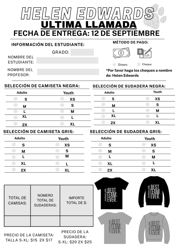 Spirit Wear Order Form-Spanish