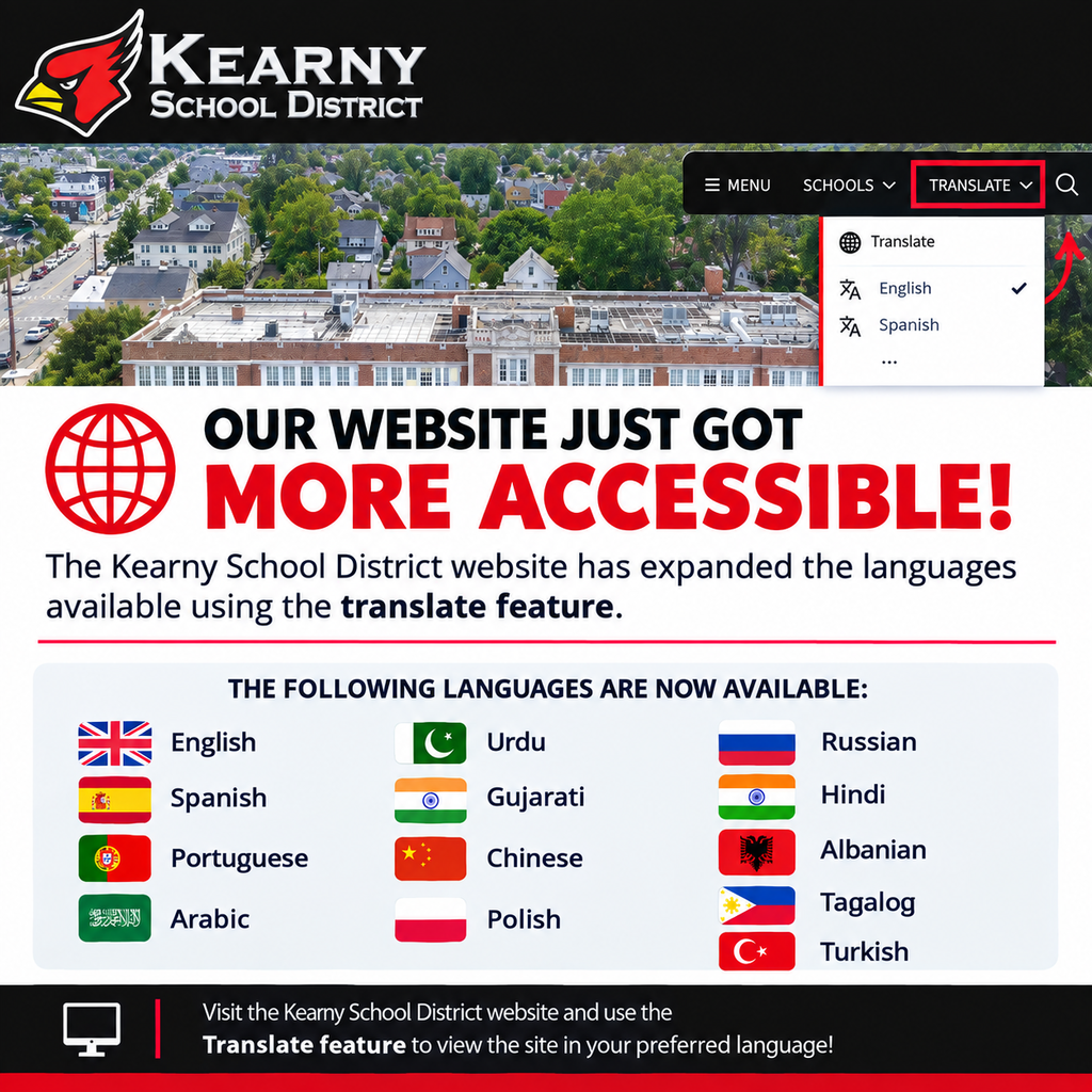 Flyer stating that the following languages are now included in the translate function on the website. English, Spanish, Portuguese, Arabic, Urdu, Gujarati, Chinese, Polish, Russian, Hindi, Albanian, Tagalog, Turkish,