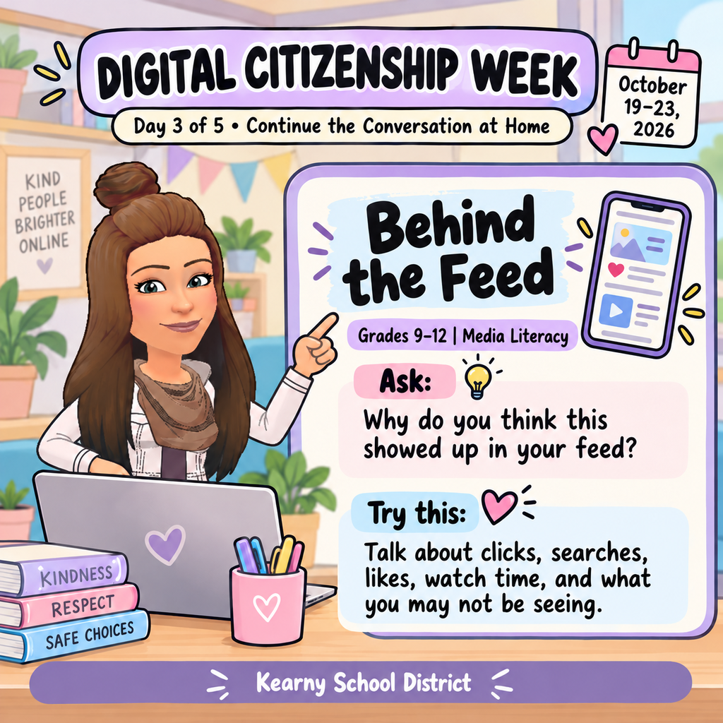 Our Digital Citizenship Week series continues with a look at what influences the content we see online. Social media feeds and recommendations are shaped by what we click, watch, search, and follow. But what might we be missing? Ask your child: Why do you think this content appeared in your feed? What other perspectives might be missing? A personalized feed is not always the complete picture.