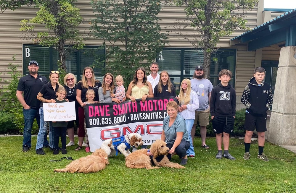 students and staff members pose with therapy dogs