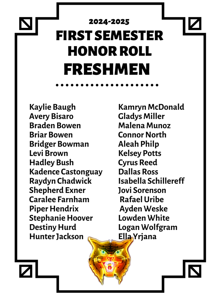 FIRST SEMESTER HONOR ROLL FRESHMENKaylie Baugh Avery Bisaro Braden Bowen Briar Bowen Bridger Bowman Levi Brown Hadley Bush Kadence Castonguay Raydyn Chadwick Shepherd Exner Caralee Farnham Piper Hendrix Stephanie Hoover Destiny Hurd Hunter Jackson Kamryn McDonald Gladys Miller Malena Munoz Connor North Aleah Philp Kelsey Potts Cyrus Reed Dallas Ross Isabella Schillereff Jovi Sorenson