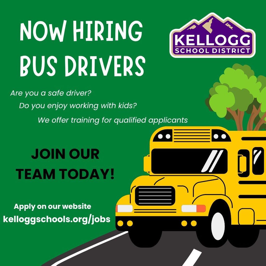 bus drivers Apply on our website kelloggschools.org/jobs Now hiring join our team today! We offer training for qualified applicants Are you a safe driver? Do you enjoy working with kids?