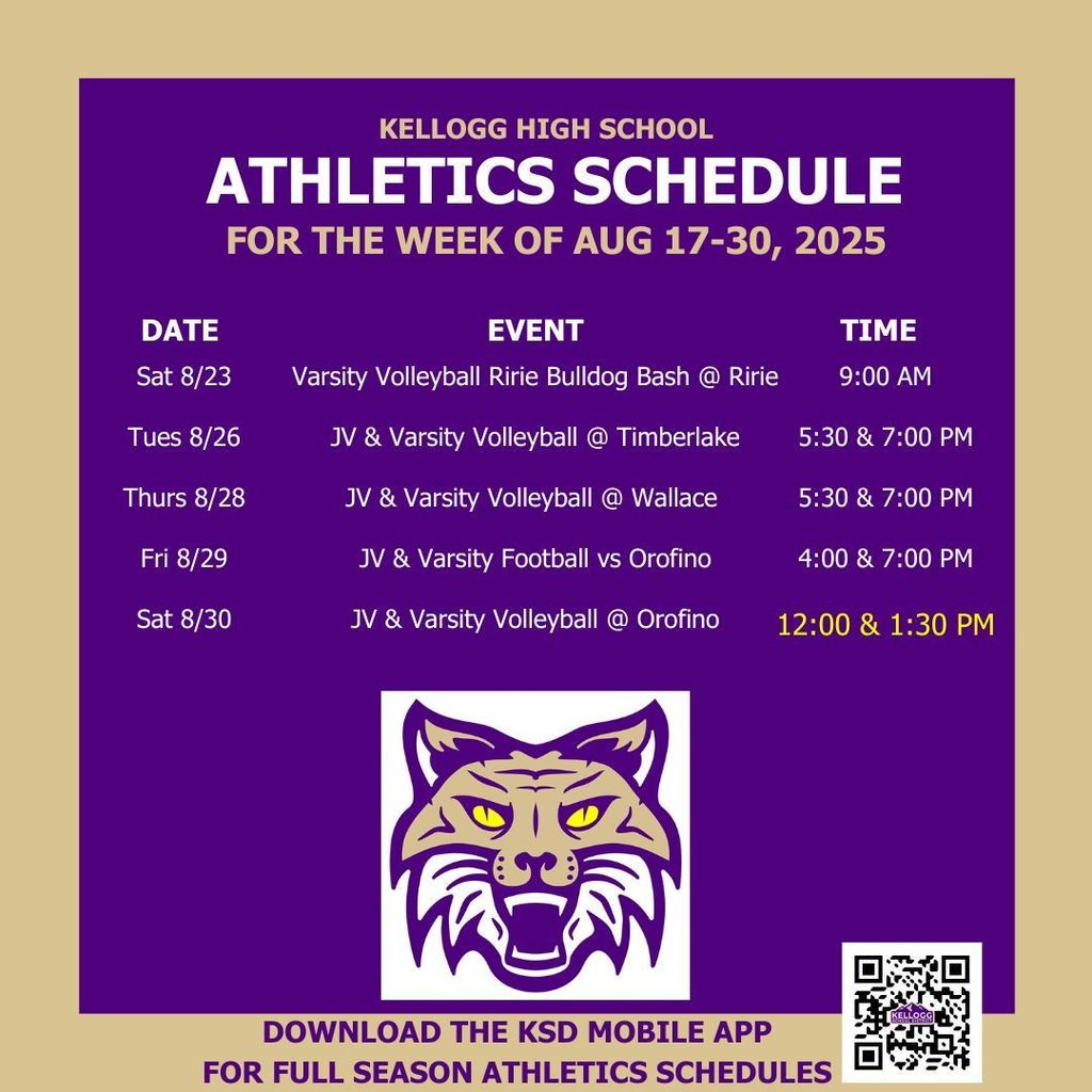 Game time change! Saturday, Aug 30 @ Orofino JV at 12:00 Varsity at 1:30 Go Wildcats!