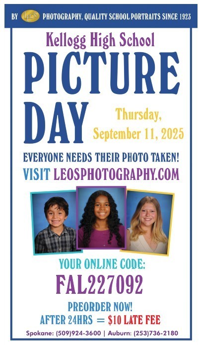 School picture day is set for this Thursday, Sept. 11th at Kellogg High School.  Everyone is required to have their photos taken, regardless if they are purchasing them.  Picture packets will be distributed in your students homeroom class & are also available in the office.  You can also place your order online @ leosphotograhy.com & use school code FAL227092.