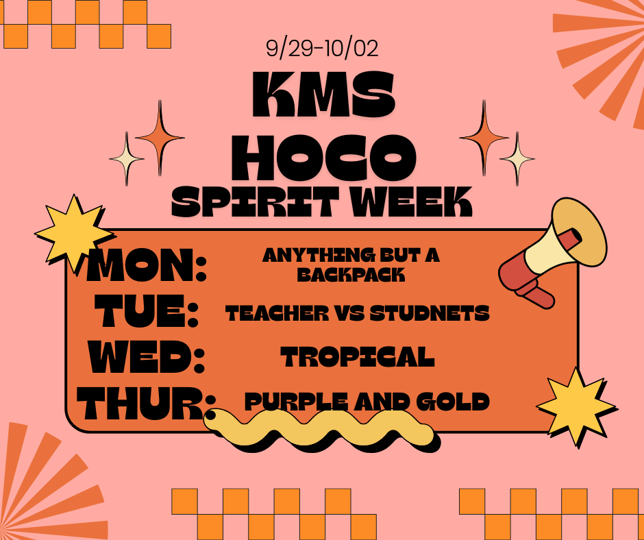 pink flyer with dress up day themes. Mon: Anything but a back pack, tue: Tachers vs Students, wed: tropical, thurs: purple and gold