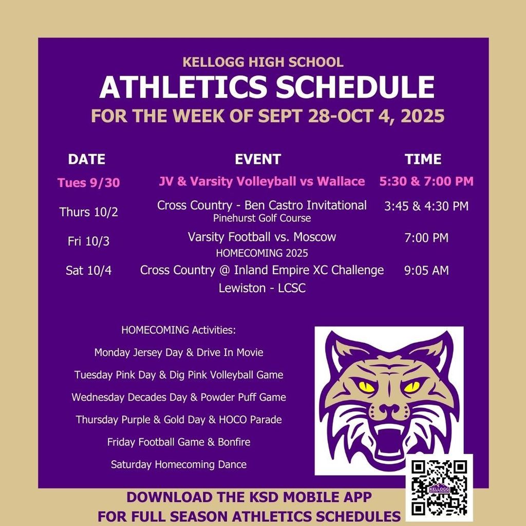 IT'S HOMECOMING WEEK!    Plenty of home games and tons of fun to keep everyone busy.  Volleyball hosts Wallace in the annual Dig Pink Game, Football takes on Moscow for Homecoming, and Cross Country is really busy with hosting Ben Castro, then shooting down to Lewiston for the Inland Empire Challenge. 